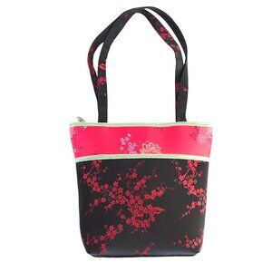Yans NY Shoulder Bag Tote Lightweight Black Satin Red Floral Cherry Blossom